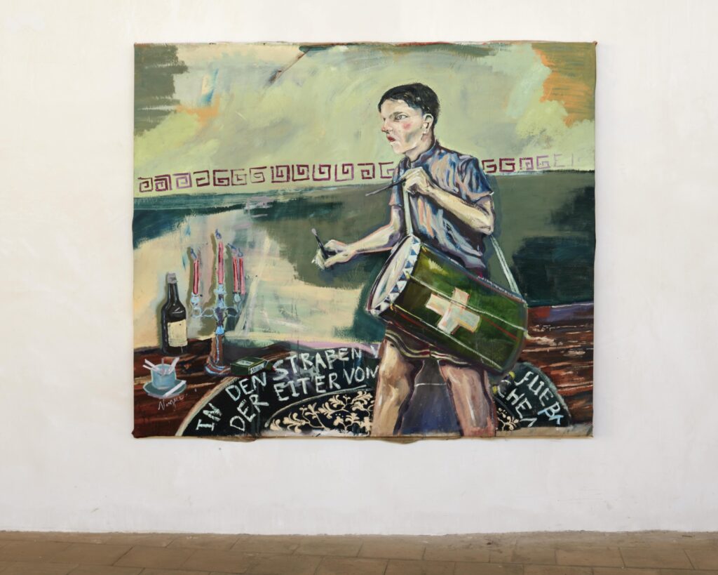 Yann Freichels, Das kind mit der trommel, 2022, huile sur toile, 190 x 200 cm